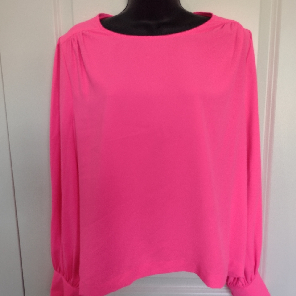 Marled Reunited Neon Pink Silky Puff Sleeve Blouse, sz L